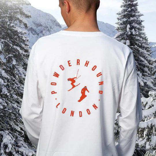 Powderhound London White Long Sleeve T-shirt (orange skier on front)