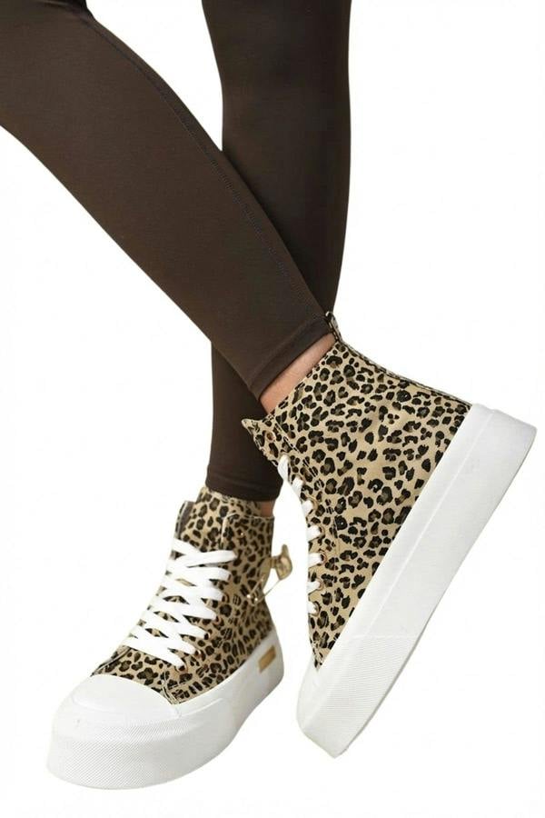 Dana High Top Lace Up Platform Ankle Trainers With Decorative Detail - Leopard_wb