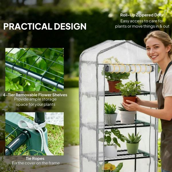 Practical design greenhouse with roll-up zippered door, white cover, and four plant shelves