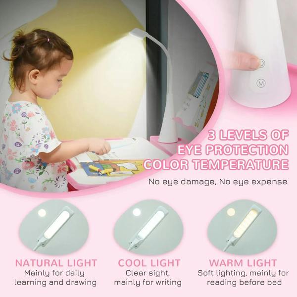 Pink kids study desk set with eye-protection style lamp and multiple light settings