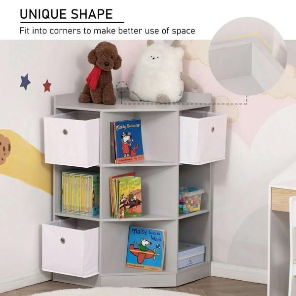 Grey corner bookcase with open cubbies and three white drawer bins, wall-corner setup