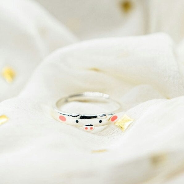 The Colourful Aura Pink Pig Minimalist Tiny Silver Adjustable Animal Slim Band Ring