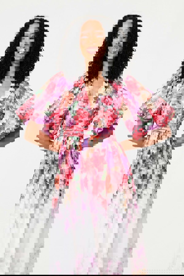 White | Floral Print 1/2 Angel Sleeve Midi Dress