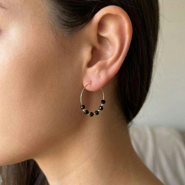 The Colourful Aura Gold Red Beaded 30mm Huggie Multicolour Dainty Boho Summer Hoop Bali Earring - Black