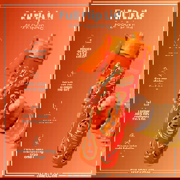 An orange, musical instrument-decorated water bottle with a 240° flip lid is held by a hand. The lid folds back, sits away from the face, and is designed for convenient on-the-go drinking. SLIM RECYCLON™