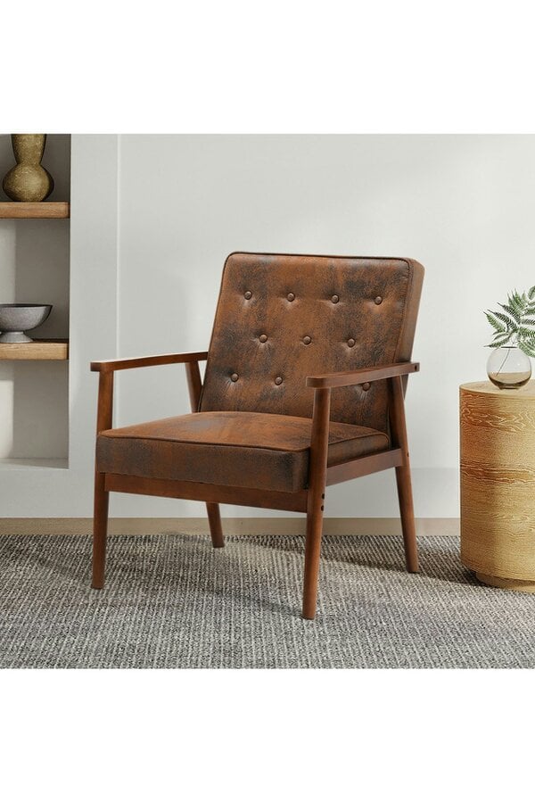 Living and Home Distressed Gold Modern Wood Frame PU Leather Upholstered Lounge Chair