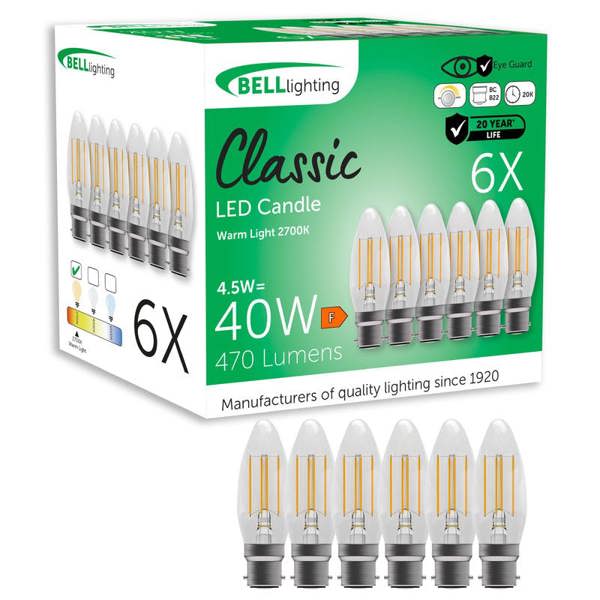 BELL Lighting B22 Bayonet Dimmable LED Filament Candle 4.5W Light Bulbs