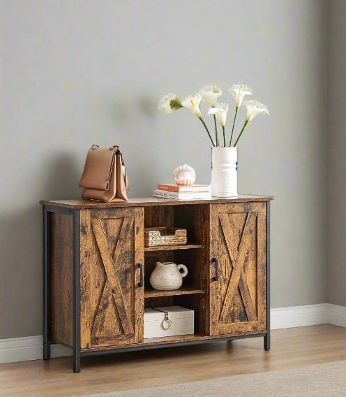 Modcraft Industrial Sideboard Buffet Table with Barn Doors & Adjustable Shelves – Rustic Brown & Black