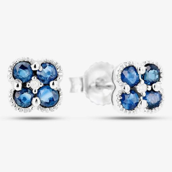 T. H. Baker 9ct White Gold Diamond Sapphire Flower Stud Earrings VE0S141 9KW-SAPH