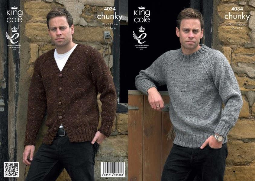 King Cole Tweed Knitting Pattern 4034, Cardigans, Sweaters for Men, 36 - 46 Inches - Easy
