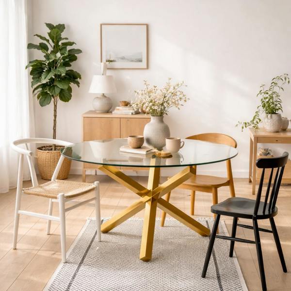 Wyld Haus San Sebastian Clear Glass and Gold Metal Round Dining Table 4 Seater