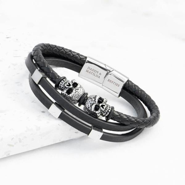 Personalised Men's Skulls Leather Rope Bracelet - alternative angle