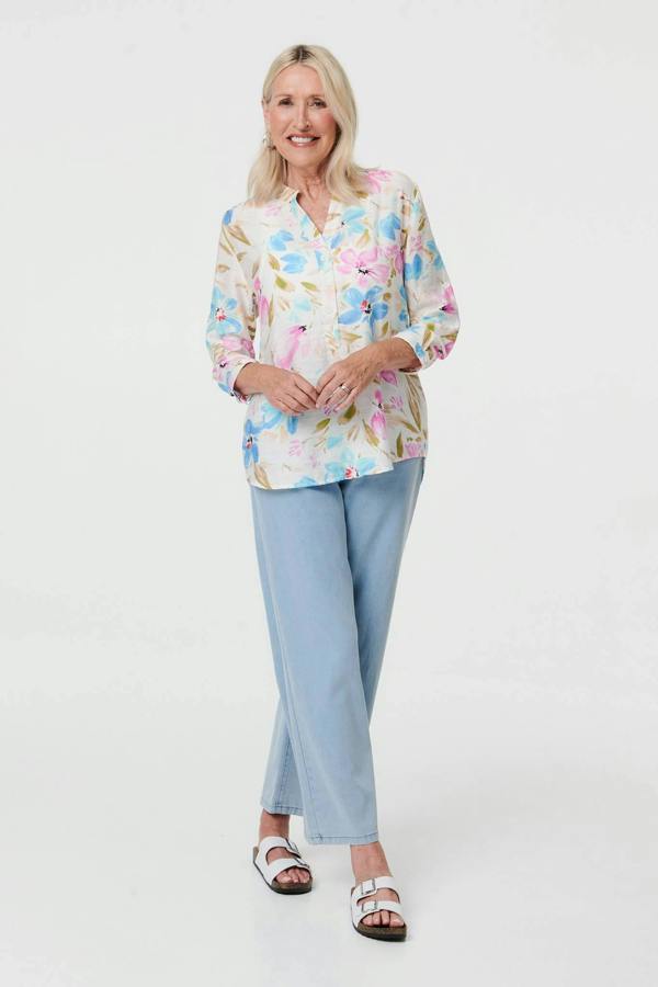 Blue | Floral 3/4 Sleeve V-Neck Relaxed Bouse