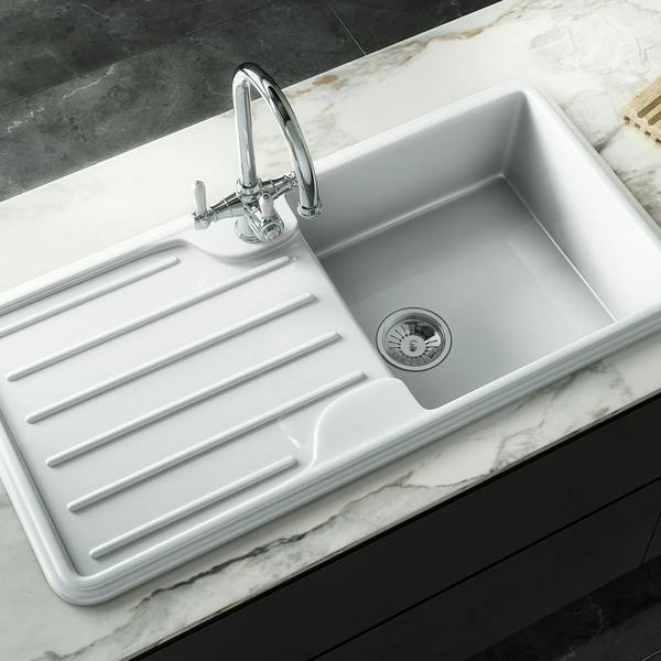 Flode Traditional Gloss White Comite Single Bowl Kitchen Inset Sink & Drainer | 1000 x 500mm | Supplied with Chrome Basket Strainer Waste