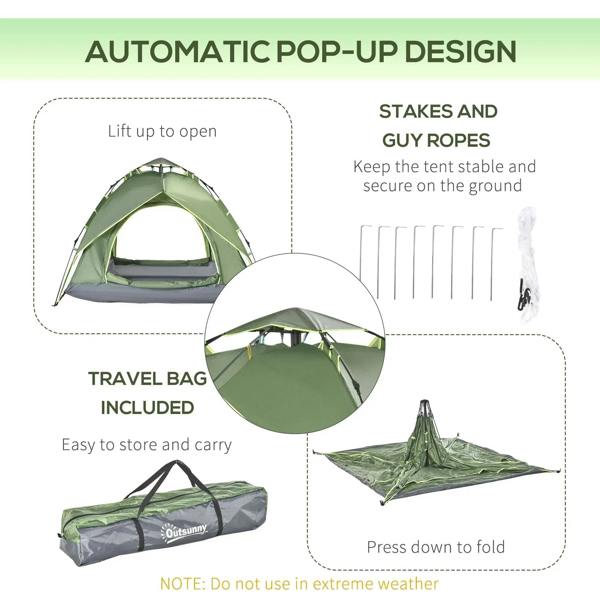 Green dome camping tent with open front, plus stakes and guy ropes included