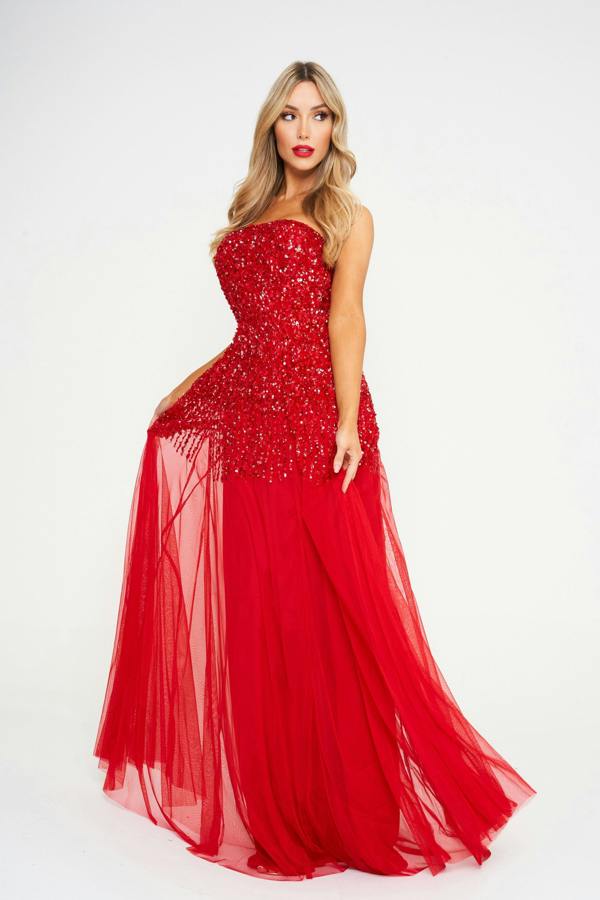 LuvForever Red Off-Shoulder Sequin Embellished Maxi Dress