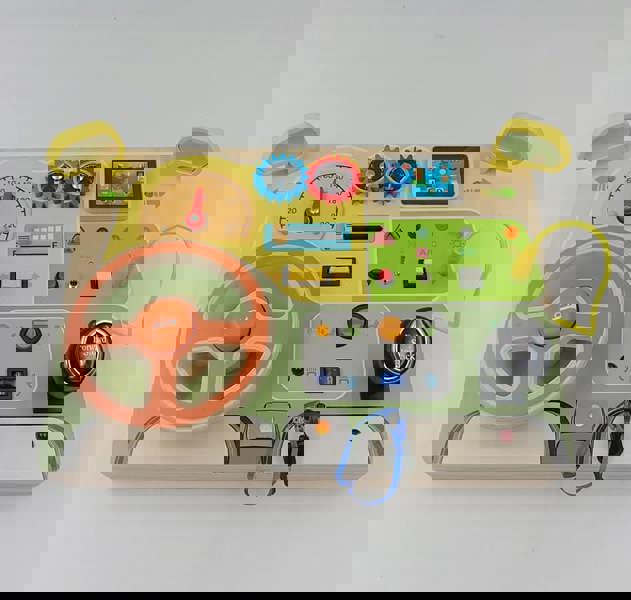 Dyzi Natural Wood Car Driving Steering Wheel Montessori Busy Board with LED Lights, Engine Sounds