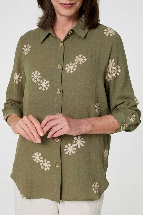 Khaki | Snowflake Embroidered Long Sleeve Shirt
