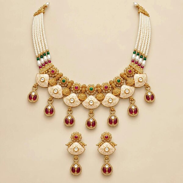 The Colourful Aura Gold Kundan Choker Necklace Set with Pearl Chain and Earrings