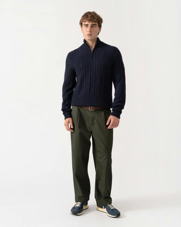 Full outfit shot of Belstaff Mens Westport Quarter Zip Cable Knit Jumper - Dark Ink