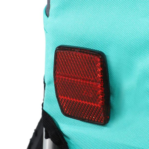 Light blue dog trailer rear red reflector panel on black frame corner
