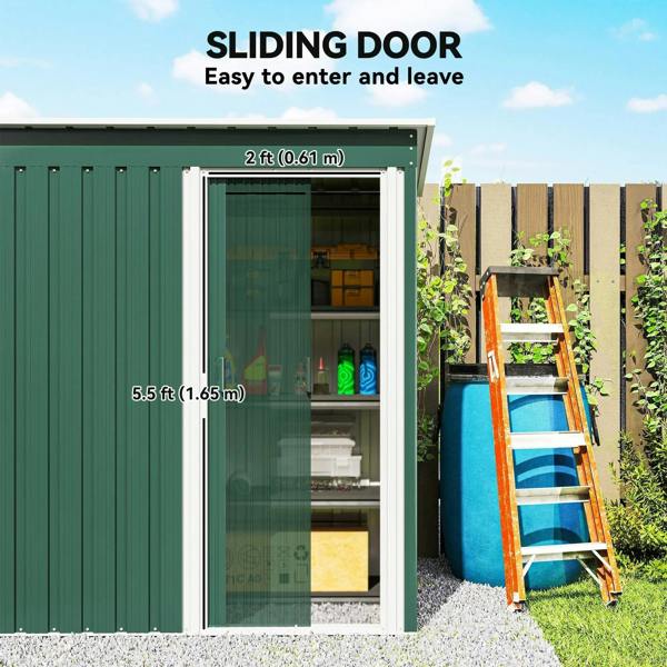 Green sliding-door shed front with sloped roof and frosted window panel