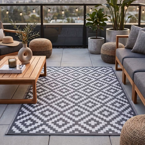 HOMESCAPES Outdoor Rug Luxury Waterproof Reversible Recycled, For Garden, Zoe Geometric