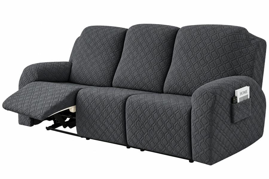 ATEK 8 Piece Stretch Recliner Sofa Cover 3 Seater Slipcover Grey with Side Pocket