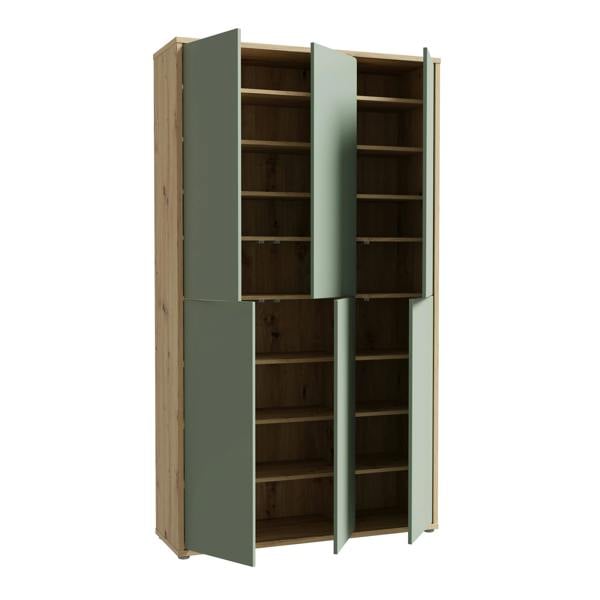 Furniture To Go Alice Springs Shoe Cabinet with 6 Doors Push-to-Open in Artisan Oak and Sage Green Doors