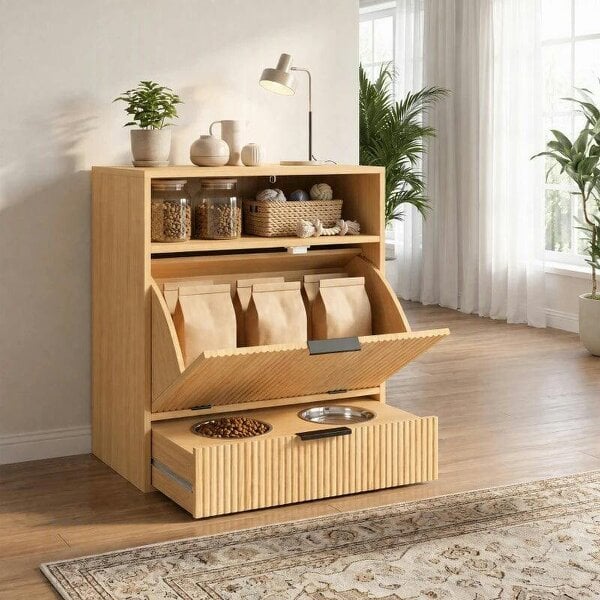 Pet Feeder Station with Storage, Dog Food Storage Container w/ 2 Raised Bowls, Tilt Out Cabinet, Slow Feeder Mat