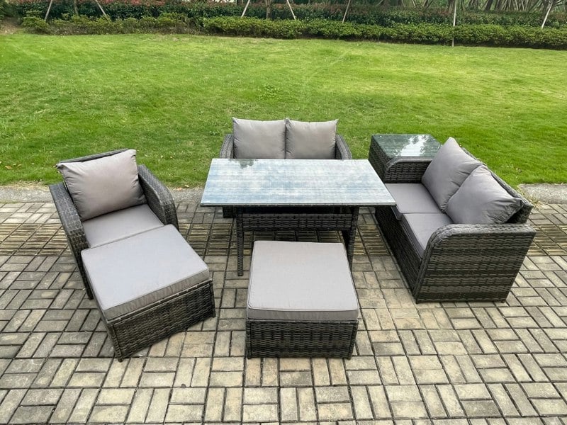 Fimous Lounge Rattan Sofa Set Outdoor Garden Furniture Oblong Rectangular Dining Table With Chairs 2 Big Footstool Side Table 7 Seater Dark Grey Mixed