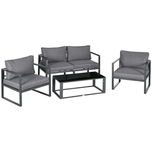Grey patio sofa set with two armchairs, loveseat, and matching coffee table