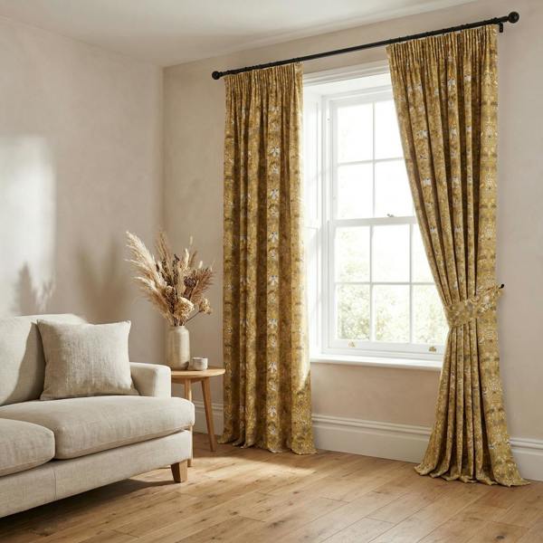 Folklore made-to-measure curtains in Ochre, styled in a living room