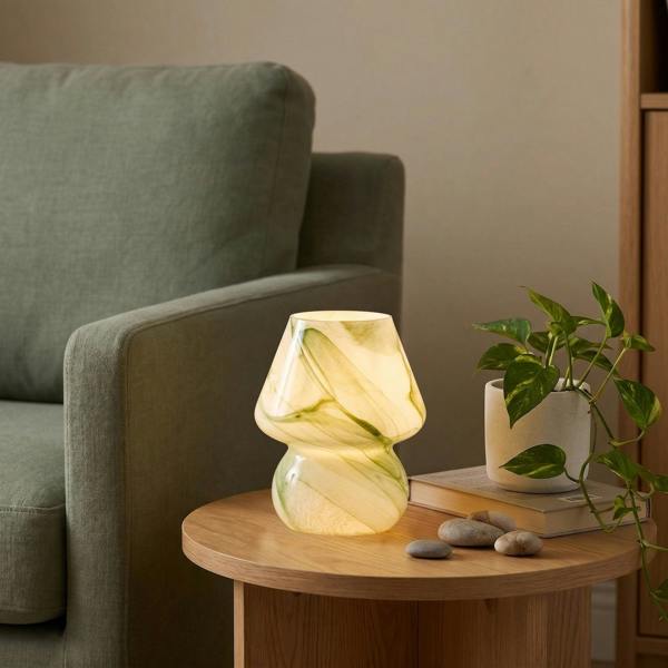 Modern Mini Mushroom Glass Table Lamp with Green Marble Effect Pattern Image 6