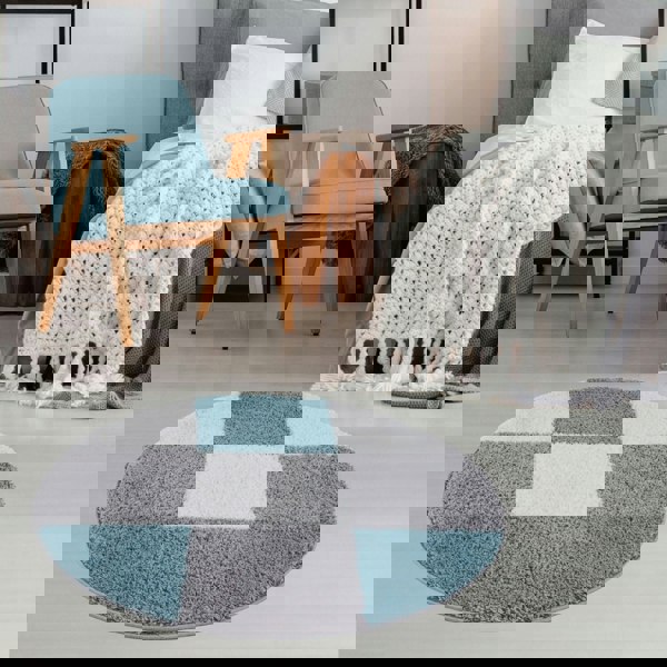 Geometric Design Thick Shaggy Area Rugs Duck Egg Blue