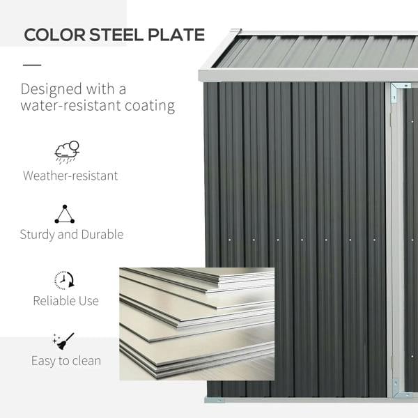 Grey corrugated steel storage shed wall panel with water-resistant coated finish