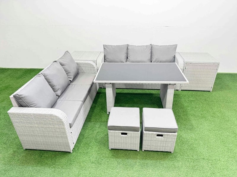 Fimous 8 Seater Rattan Outdoor Dining Table 3 Seater Sofa Set with 2 Side Tables 2 Small Stools Light Grey