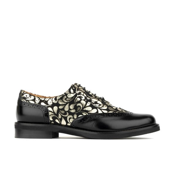 Embassy London Vivienne - Black & Petals - Women's leather oxford shoe with wingtip and brogue details