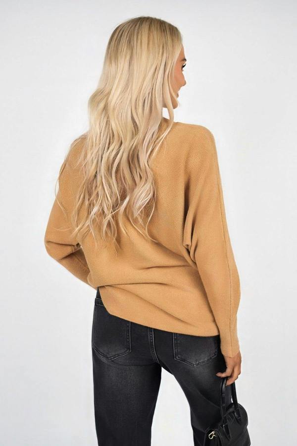 Haisley Long Sleeve Knitted Jumper With Embellished Neckline - Camel