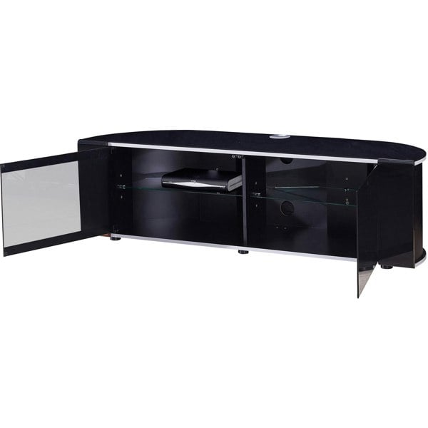 MDA Designs Sirius 1600 TV Cabinet Gloss Black Stand with BEAMTHRU Remote-Friendly Glass Door, Cable Management for LED, LCD & Plasma TVs up to 70”