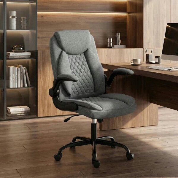 Linen-Look Computer Desk Chair, Executive Office Chair with Flip-Up Armrests and Thick Cushion, Grey