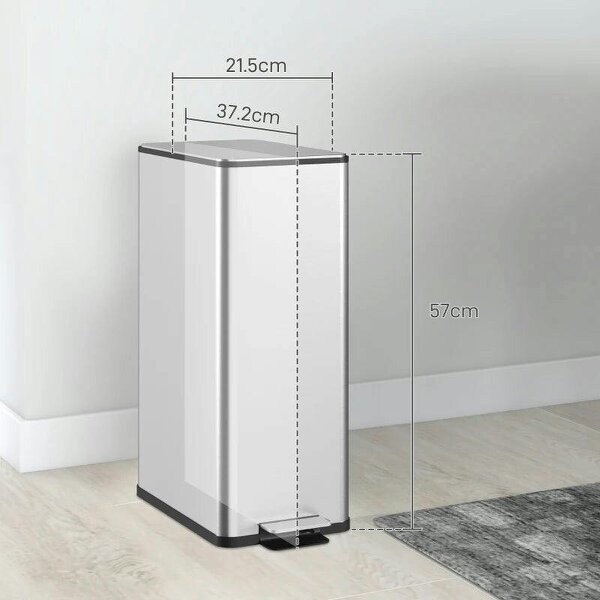 20L Kitchen Pedal Bin, Slim Stainless Steel Rubbish Bin, Removable Inner Bucket, Soft-Close and Stay-Open Lid, Silver Tone