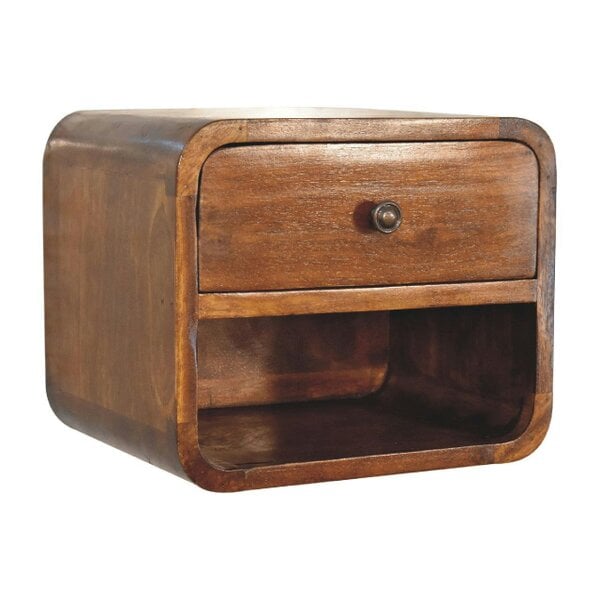 Wyld Haus Desenzano Mini Curve Mango Wood Floating Bedside Table with Drawer and Shelf