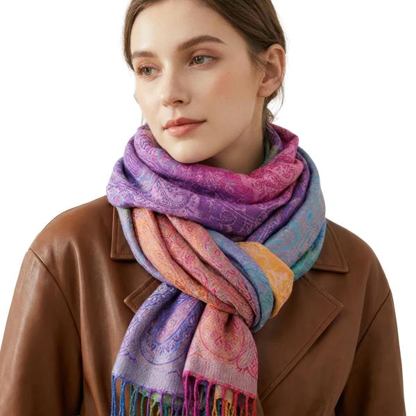 VIA MONTEN Women’s Gradient Pashmina Style Scarf, Oversized Jacquard Shawl Wrap with Fringe and Paisley Pattern
