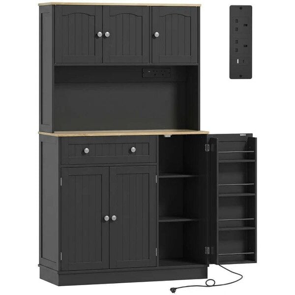 173 cm Tall Kitchen Cupboard with Charging Station, Pantry Storage Cabinet with Adjustable Shelves and 4 Door Racks