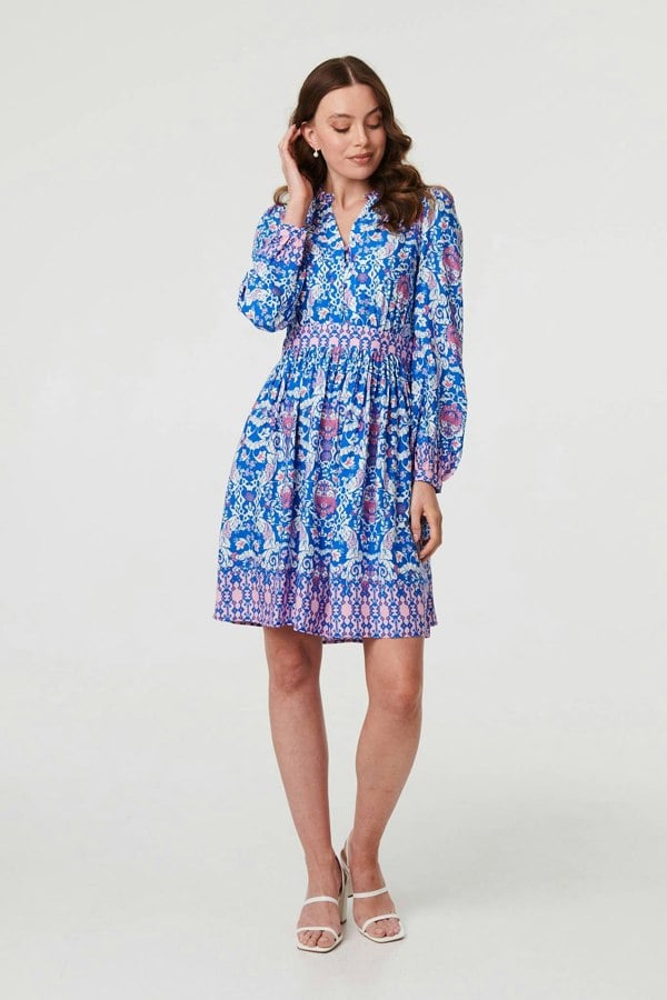 Blue | Printed Long Sleeve Shirred Short Dress
