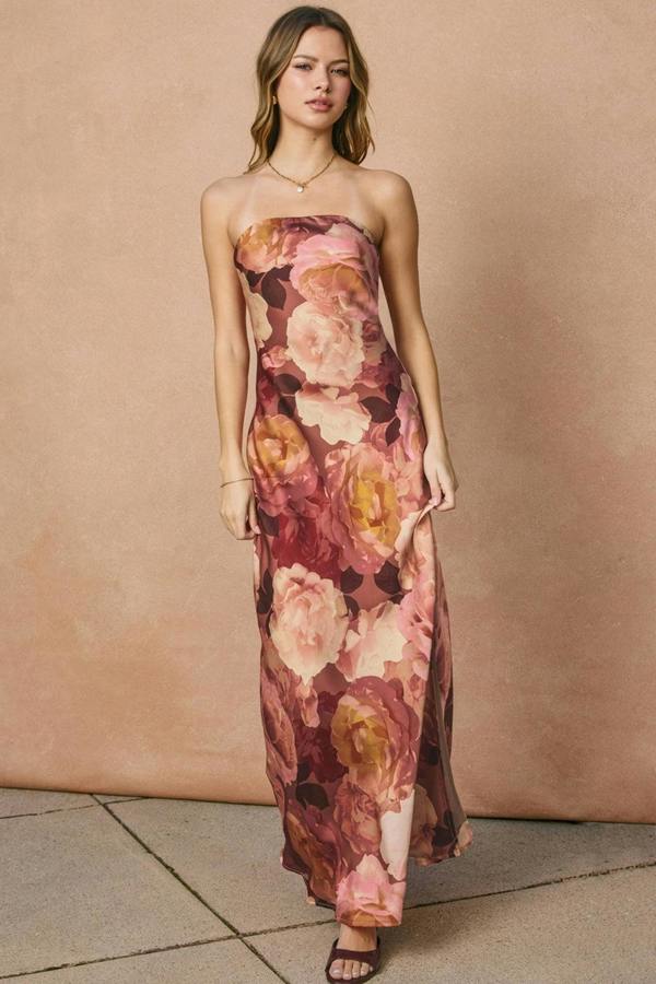 BALOU Womens Floral Strapless Maxi Dress