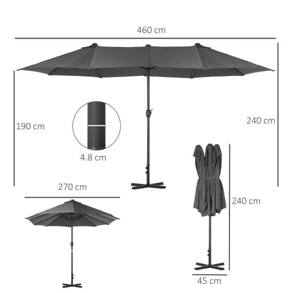 Bobobiy 4.6M Sun Umbrella Canopy Double-sided Crank Sun Shade w/ Cross Base Grey