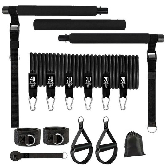 Havendro Pilates Bar Kit 6 Resistance Bands Home Gym Fitness Workout Training Set Tool - black