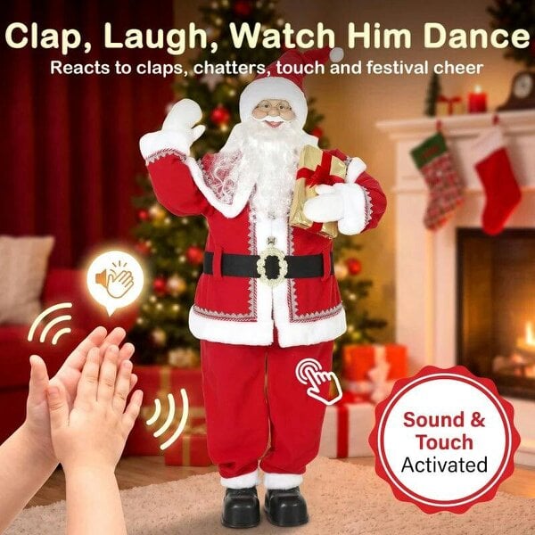 Bobobiy 5ft Life Size Singing Santa Claus, Animated Santa with Rotating Head, Waving Hand, Posable Arms, Sound Touch Activated